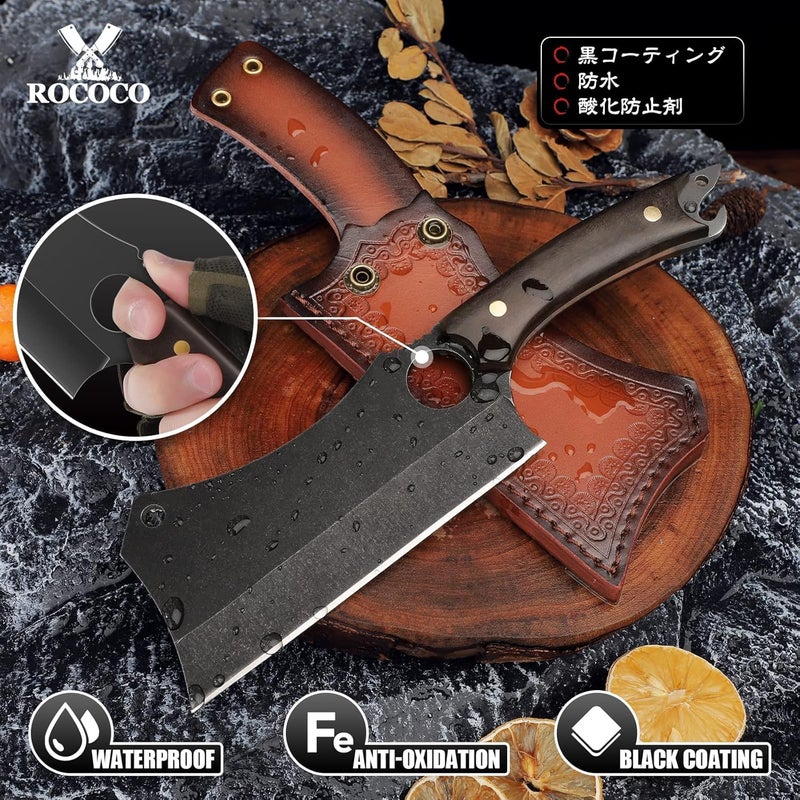 ROCOCO Butcher Meat Cleaver Knife - Hand Forged Meat Cutting Knife with Sheath Outdoor BBQ Camping Birthday Christmas Gift Idea Men Black 5.9" - Image 4